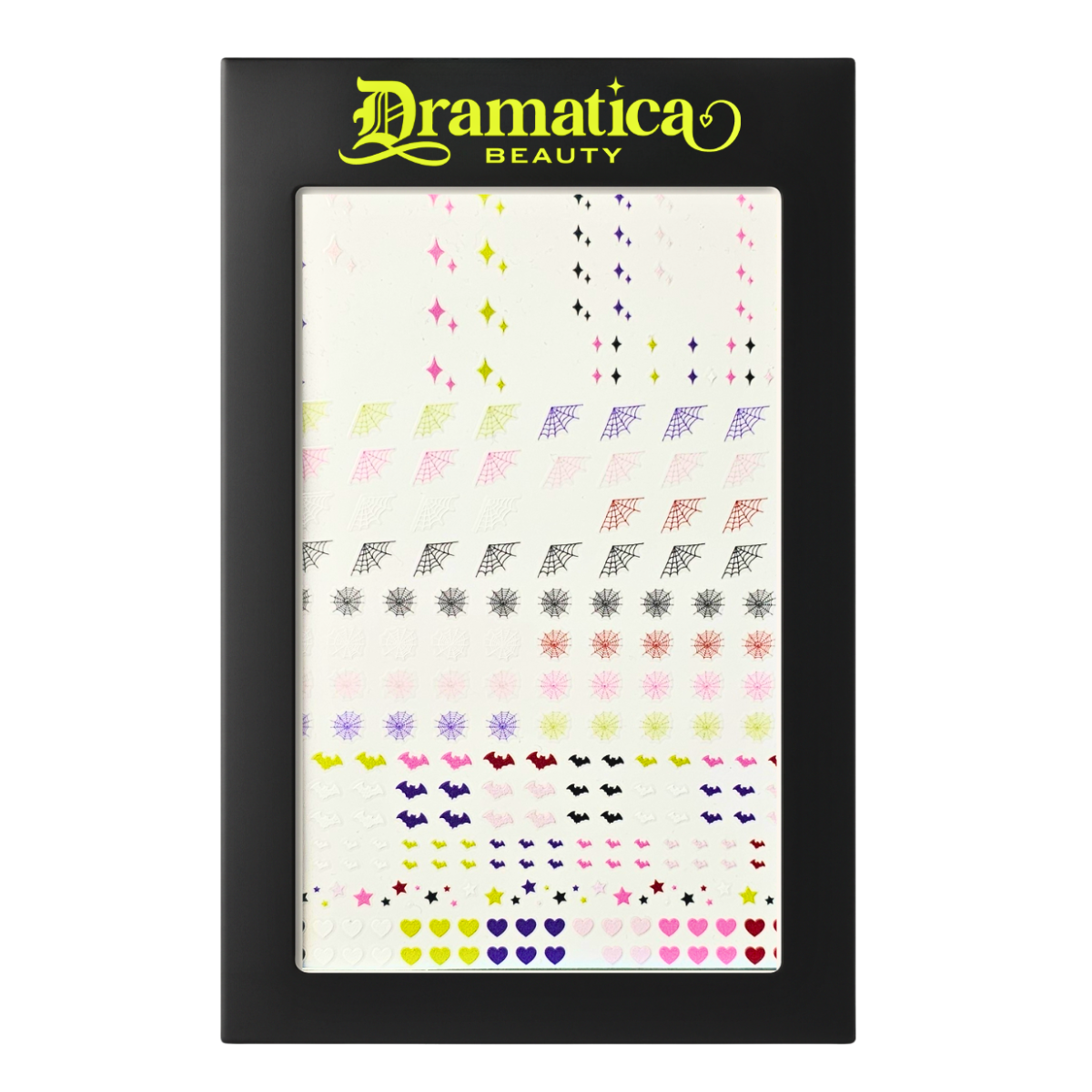 Dramatica Beauty's Nail sticker sheet. Featuring pink, green, purple, red, white and black original illustrations. These include spiderwebs, starbursts, bats, hearts, and stars.